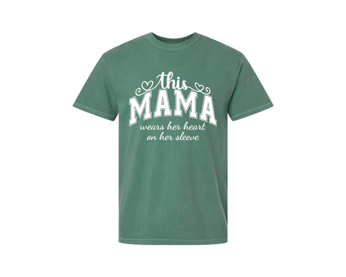 brand:Comfort Colors|color:Light Green|This Mama Wears Her Heart On Her Sleeve 74 Graphic T-Shirt