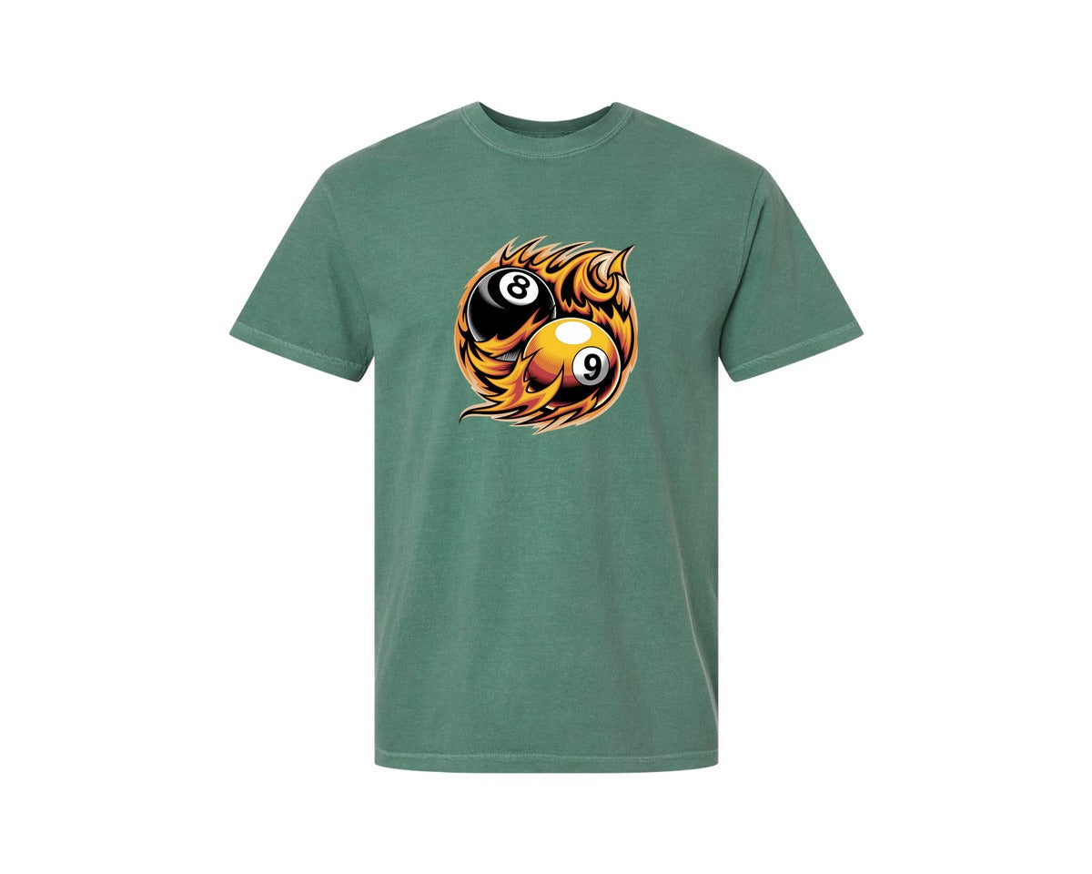 brand:Comfort Colors|color:Light Green|Flaming 8 9 Ball Billiards Graphic T-Shirt