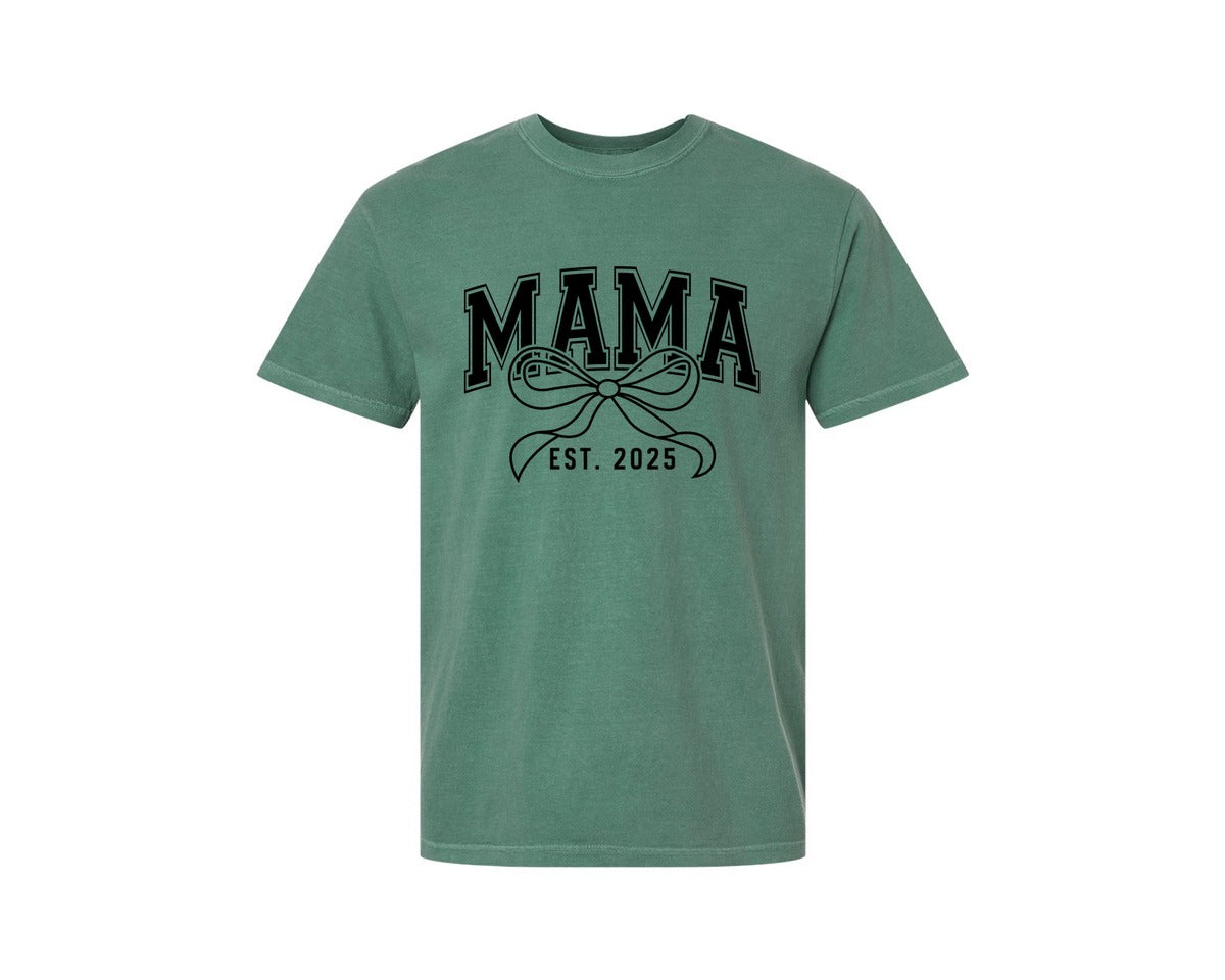 brand:Comfort Colors|color:Light Green|Mama Bow Varsity Graphic T-Shirt