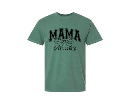 brand:Comfort Colors|color:Light Green|Mama Bow Varsity Graphic T-Shirt