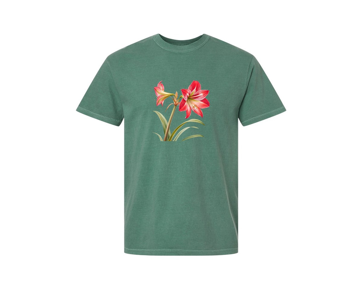 brand:Comfort Colors|color:Light Green|Red Amaryllis Flower T Shirt Design Graphic T-Shirt