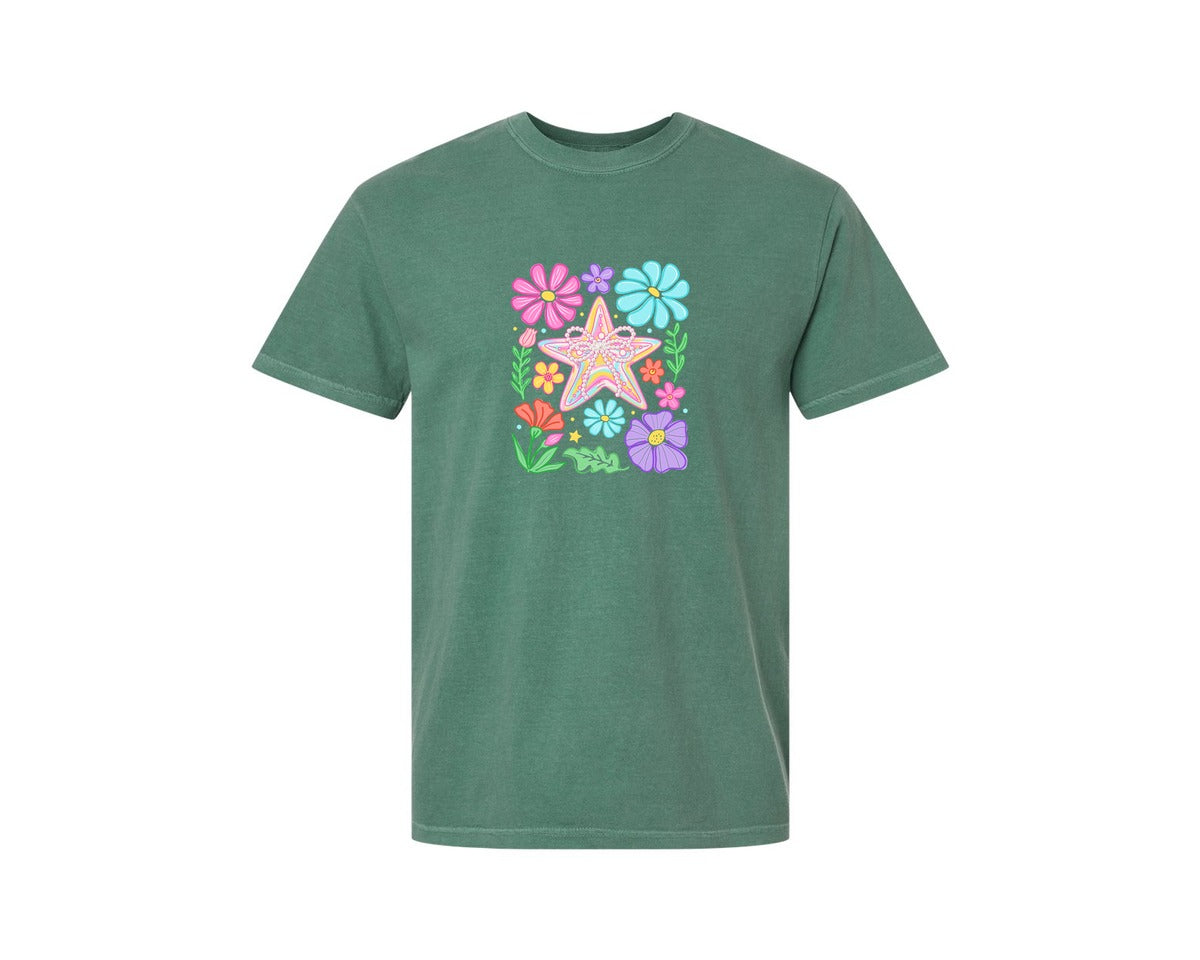 brand:Comfort Colors|color:Light Green|Boho Floral Summer Starfish Beach Graphic T-Shirt