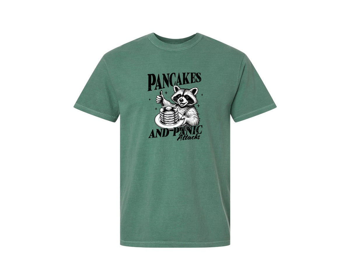 brand:Comfort Colors|color:Light Green|Mental Health Raccoon Pancakes And Panic Graphic T-Shirt