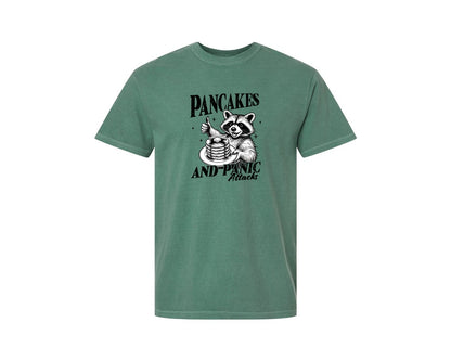 brand:Comfort Colors|color:Light Green|Mental Health Raccoon Pancakes And Panic Graphic T-Shirt