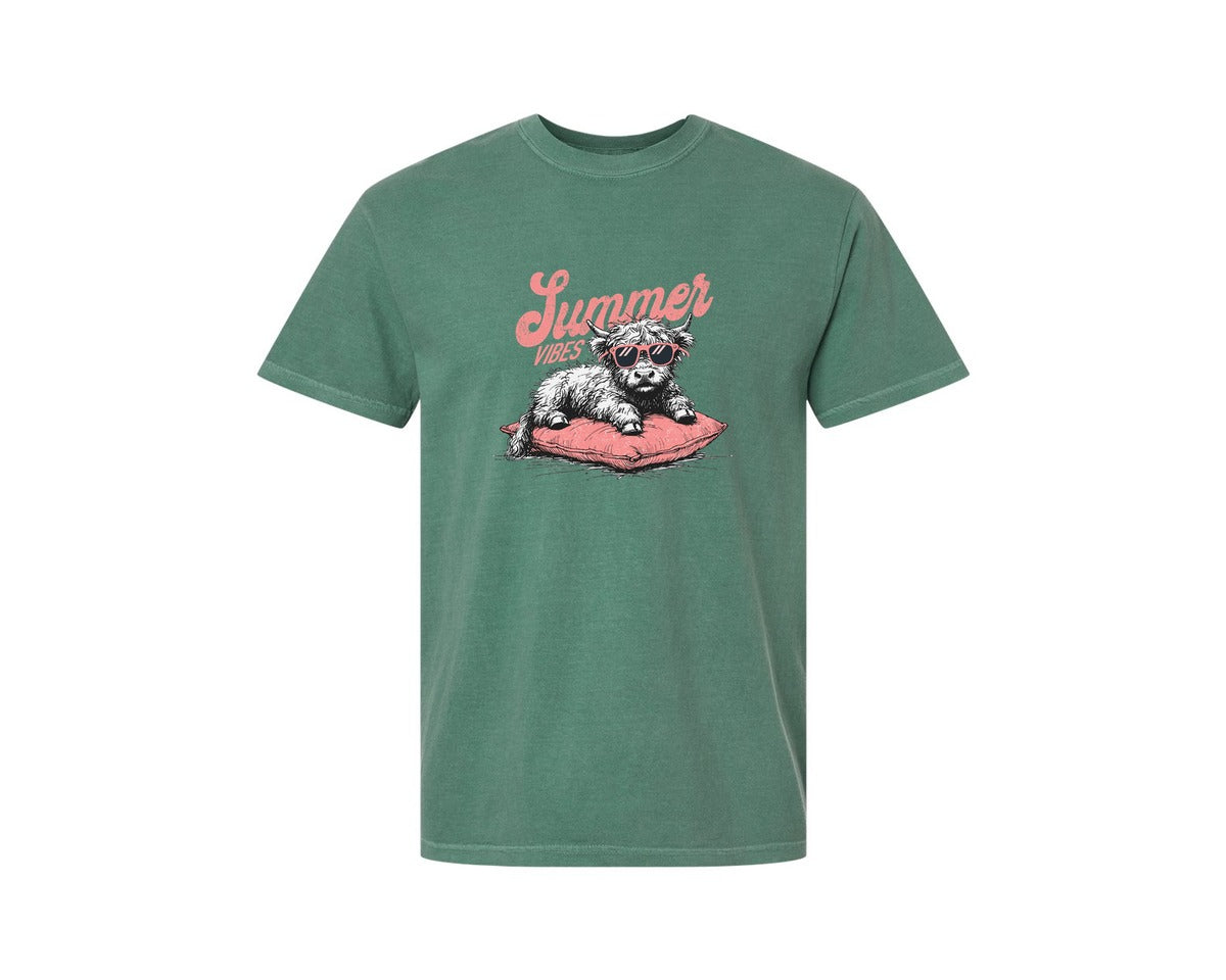 brand:Comfort Colors|color:Light Green|Summer Vibes Highland Cow Shirt Graphic T-Shirt