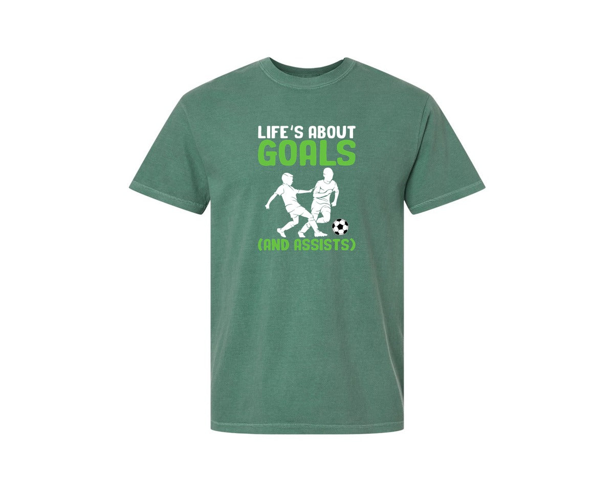 brand:Comfort Colors|color:Light Green|Lifes About Goals Soccer T Shirt Graphic T-Shirt