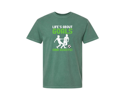 brand:Comfort Colors|color:Light Green|Lifes About Goals Soccer T Shirt Graphic T-Shirt