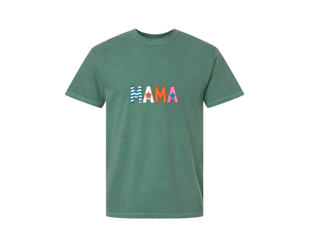 brand:Comfort Colors|color:Light Green|Colorful Stitched Star Mama Letters Graphic T-Shirt