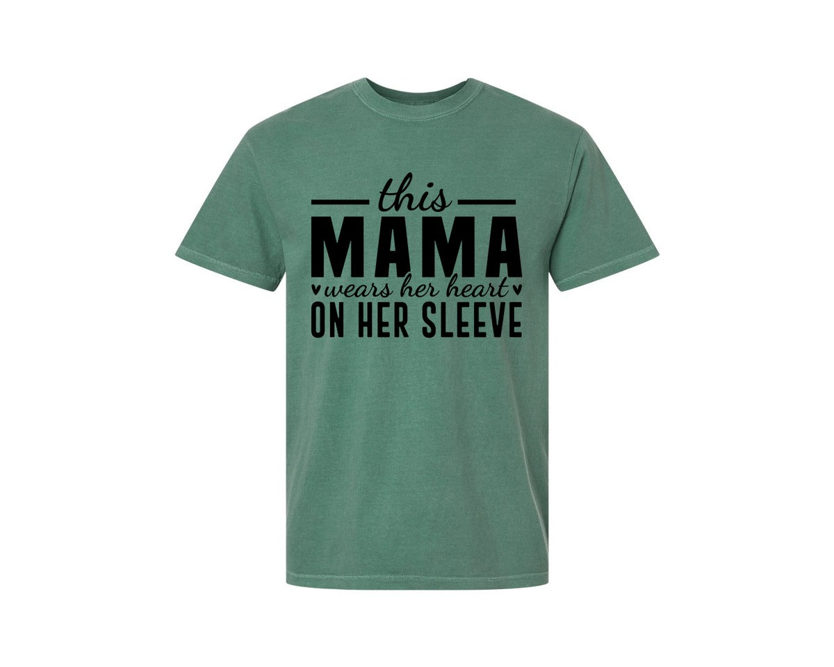 brand:Comfort Colors|color:Light Green|This Mama Wears Her Heart On Her Sleeve 77 Graphic T-Shirt