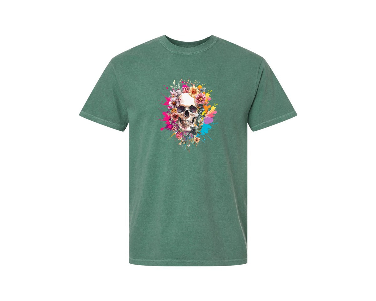 brand:Comfort Colors|color:Light Green|Floral Skull Watercolor Skull Shirt Graphic T-Shirt