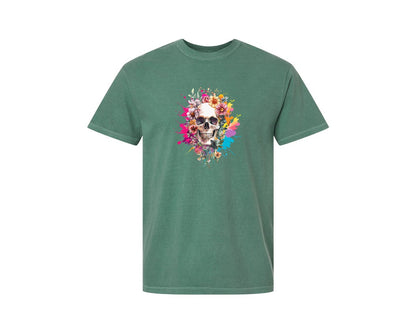 brand:Comfort Colors|color:Light Green|Floral Skull Watercolor Skull Shirt Graphic T-Shirt
