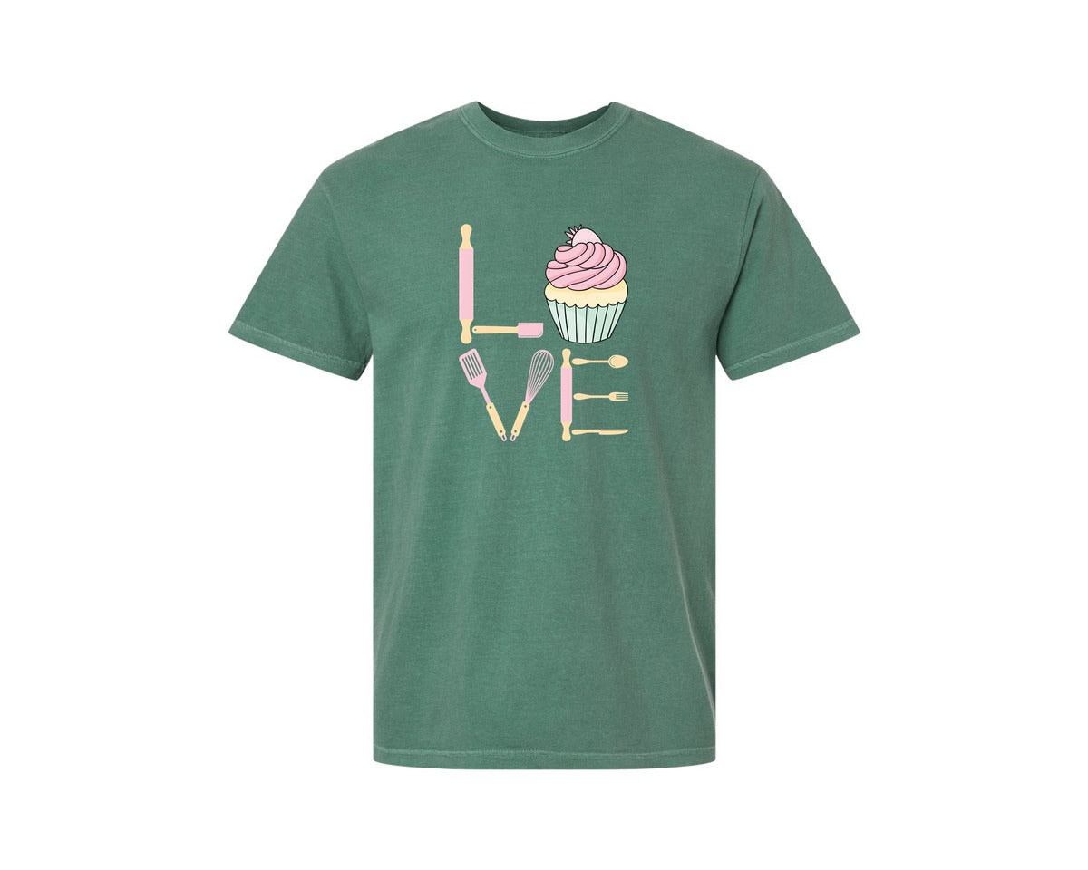 brand:Comfort Colors|color:Light Green|Baking Love Cupcake Whisk Spatula Graphic T-Shirt