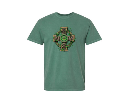 brand:Comfort Colors|color:Light Green|Celtic Cross With Shamrocks Irish Graphic T-Shirt