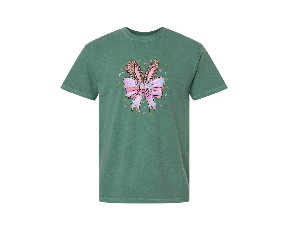 brand:Comfort Colors|color:Light Green|Leopard Bunny Ears Pink Blue Bow Graphic T-Shirt