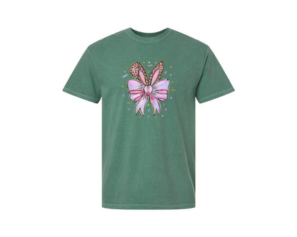 brand:Comfort Colors|color:Light Green|Leopard Bunny Ears Pink Blue Bow Graphic T-Shirt