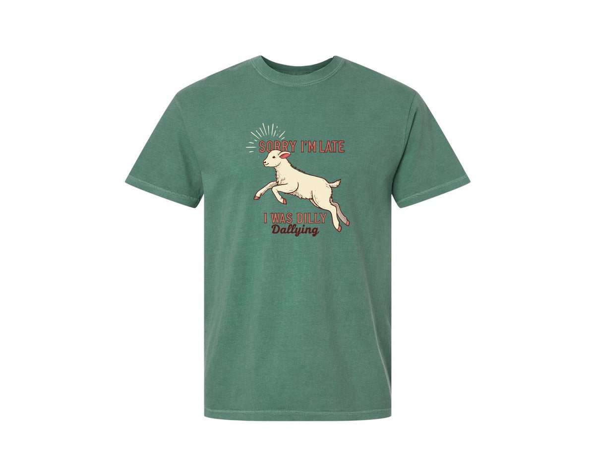 brand:Comfort Colors|color:Light Green|Sorry Im Late Funny Goat Farm Graphic T-Shirt