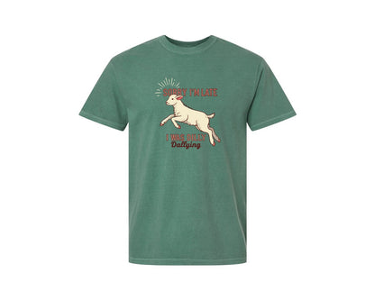 brand:Comfort Colors|color:Light Green|Sorry Im Late Funny Goat Farm Graphic T-Shirt