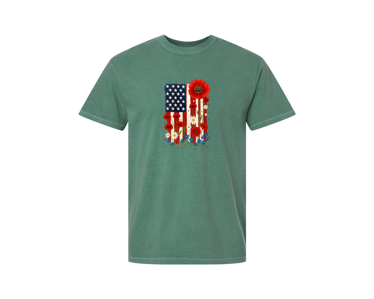 brand:Comfort Colors|color:Light Green|American Flag Floral 4Th Of July Graphic T-Shirt