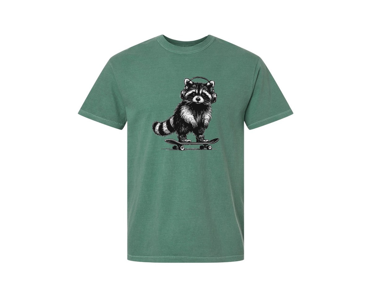 brand:Comfort Colors|color:Light Green|Raccoon Playing Skateboard Shirt Graphic T-Shirt