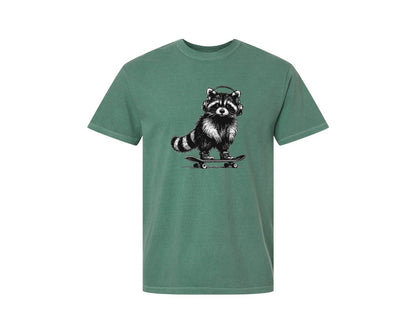 brand:Comfort Colors|color:Light Green|Raccoon Playing Skateboard Shirt Graphic T-Shirt