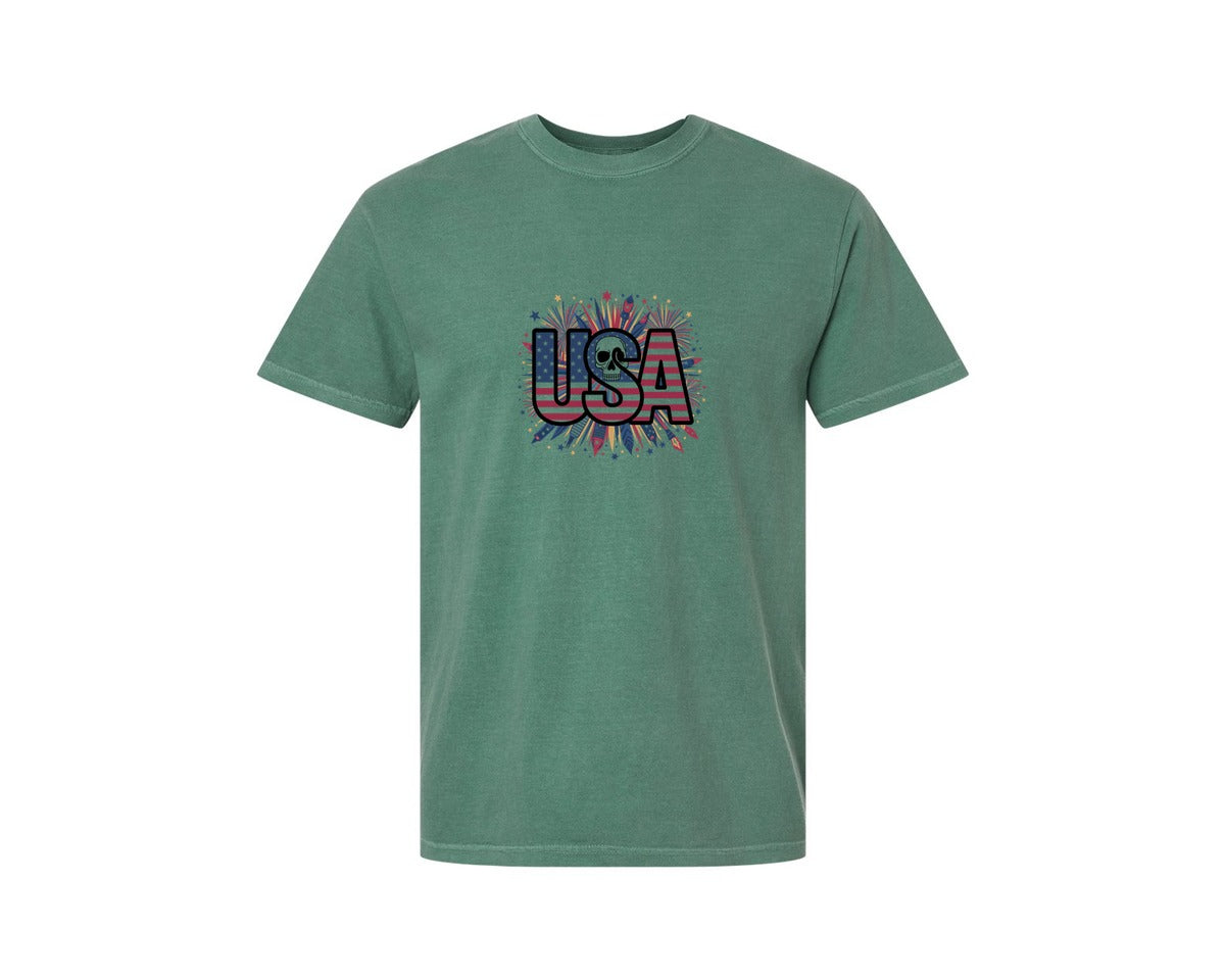 brand:Comfort Colors|color:Light Green|Usa Skull Fireworks 4Th Of July T Shirt 2 Graphic T-Shirt