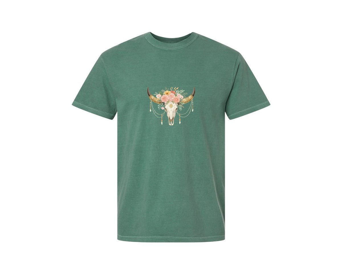 brand:Comfort Colors|color:Light Green|Rose Flowers Western Bull Skull Longhorn 5 Graphic T-Shirt