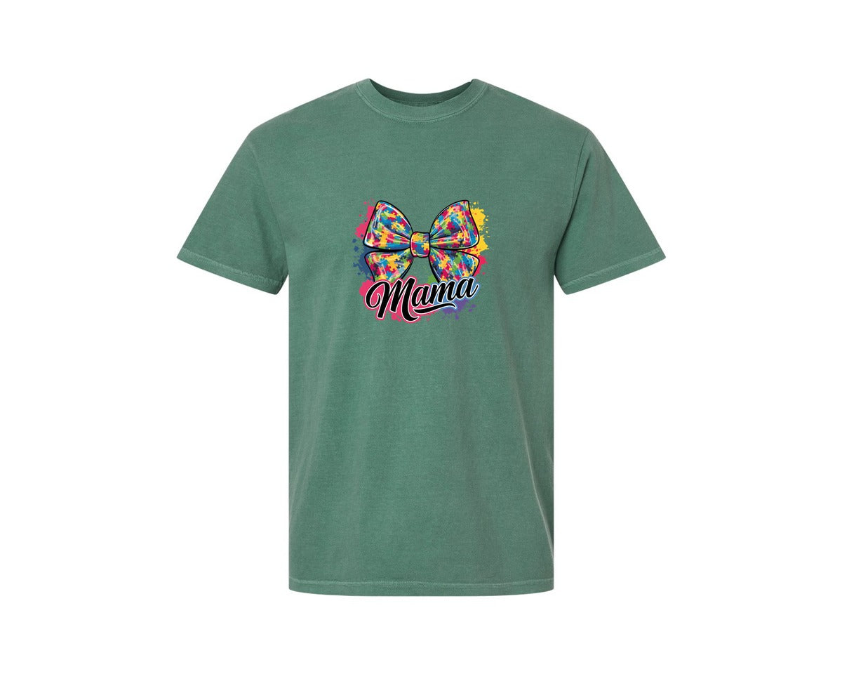 brand:Comfort Colors|color:Light Green|Autism Mama Colorful Puzzle Bow Art Graphic T-Shirt
