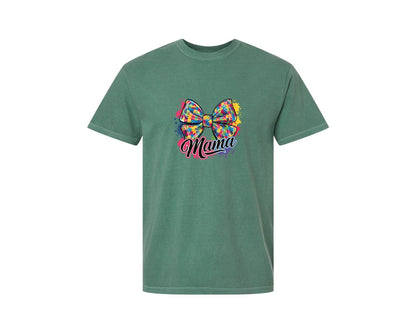 brand:Comfort Colors|color:Light Green|Autism Mama Colorful Puzzle Bow Art Graphic T-Shirt