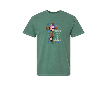 brand:Comfort Colors|color:Light Green|Power In The Name Of Jesus Floral Graphic T-Shirt