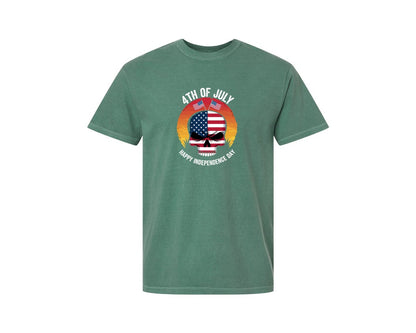 brand:Comfort Colors|color:Light Green|4Th Of July American Skull Sunset Indepe Graphic T-Shirt