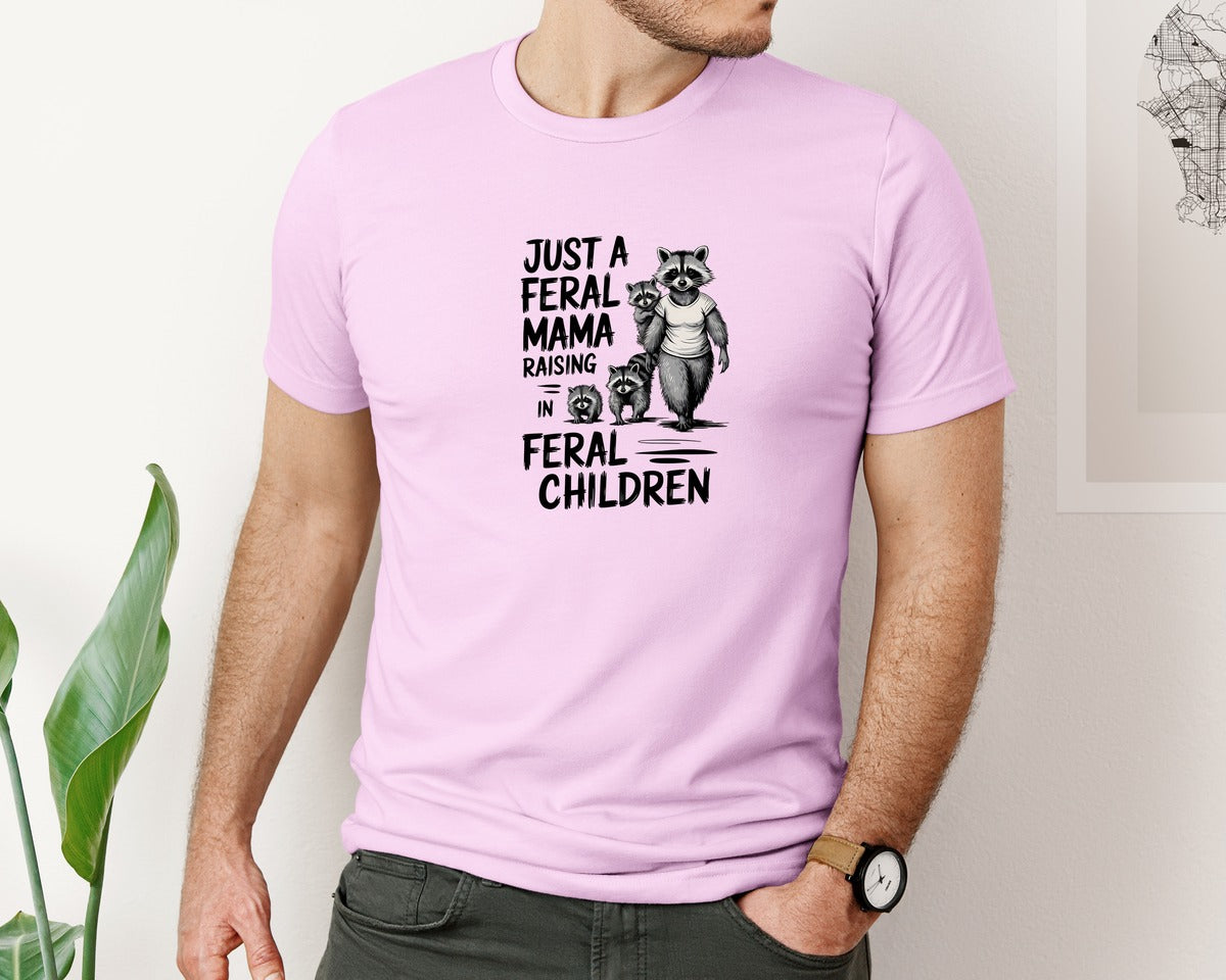 brand:Bella Canvas|color:Lilac|Funny Mothers Day Raccoon Mama Tired Graphic T-Shirt