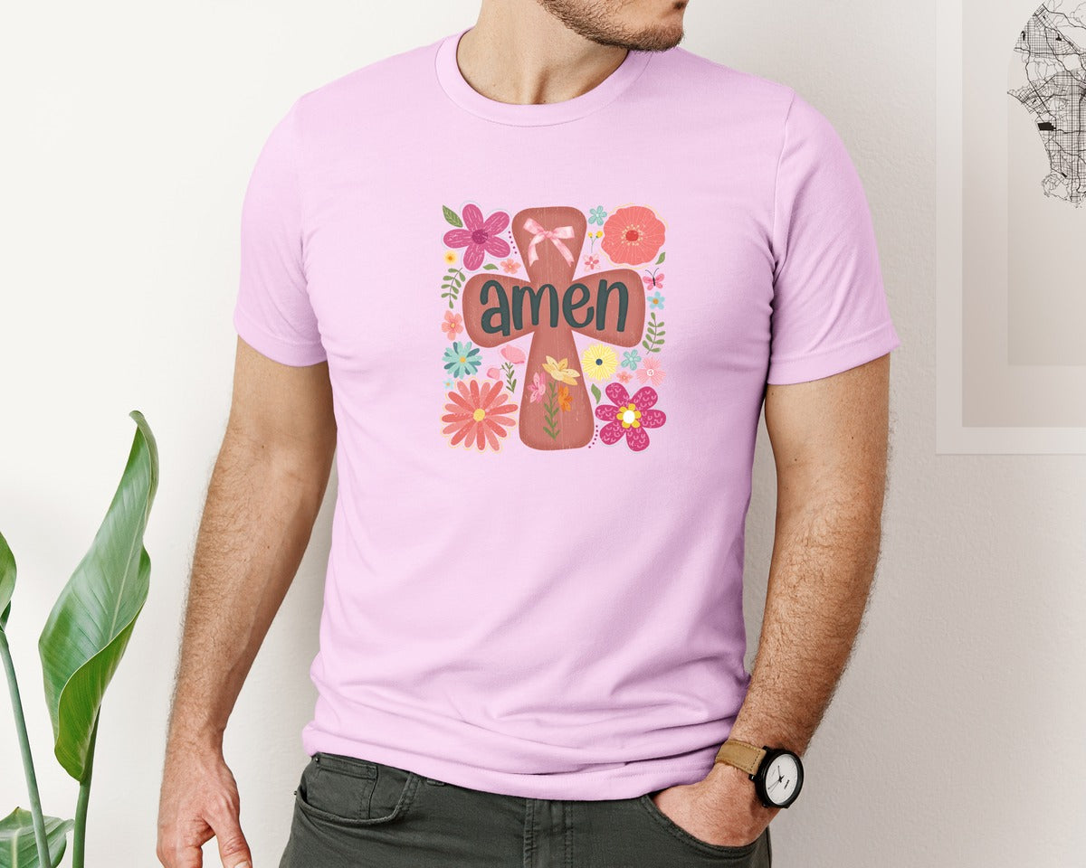 brand:Bella Canvas|color:Lilac|Boho Floral Amen Christian Graphic T-Shirt