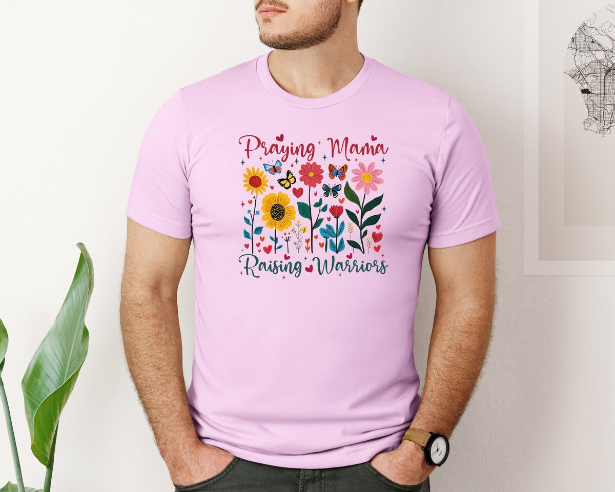 brand:Bella Canvas|color:Lilac|Praying Mama Raising Warriors Boho Graphic T-Shirt