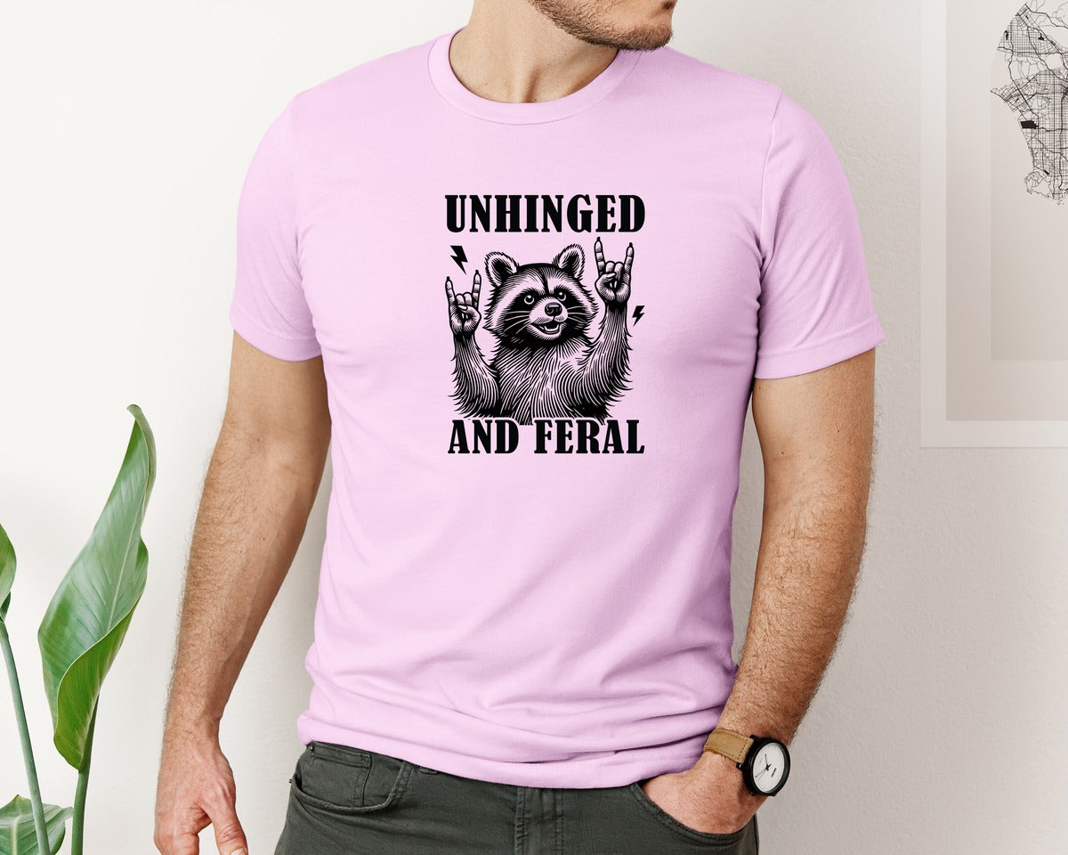 brand:Bella Canvas|color:Lilac|Unhinged And Feral Vintage Raccoon Meme Graphic T-Shirt