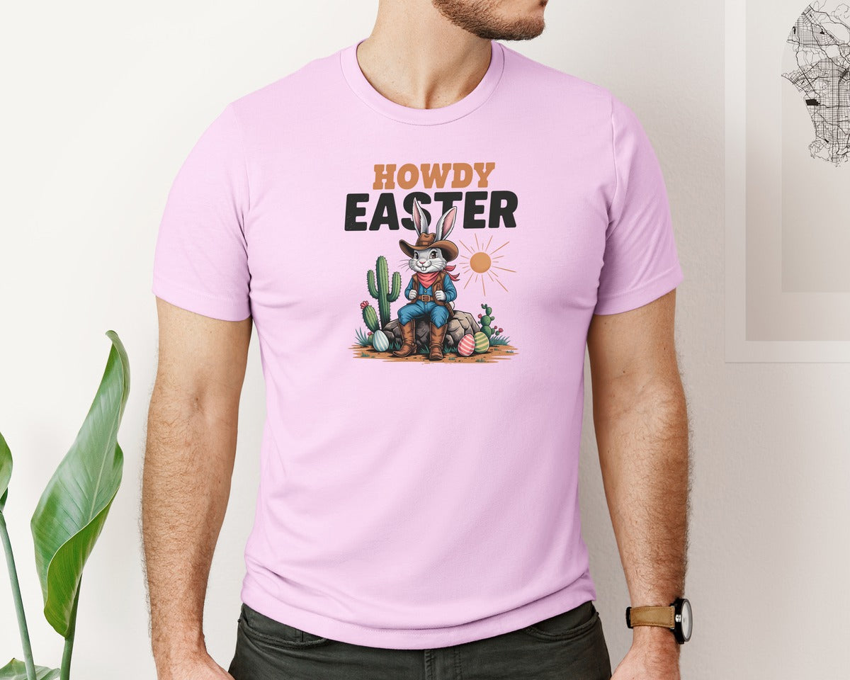 brand:Bella Canvas|color:Lilac|Howdy Easter Western Cowboy Bunny 2 Graphic T-Shirt