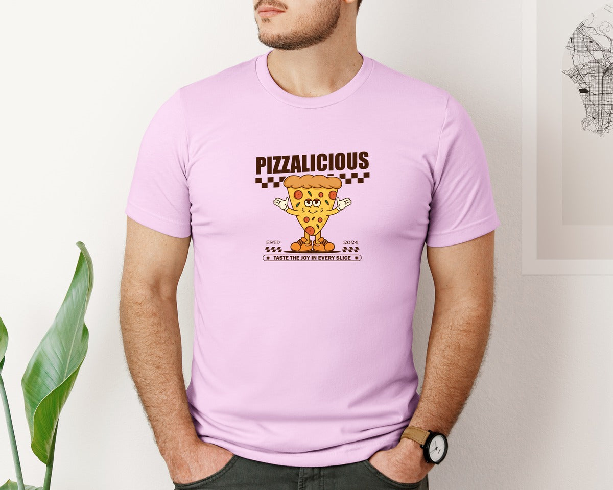 brand:Bella Canvas|color:Lilac|Vintage Slice Pizza Cartoon Character Graphic T-Shirt
