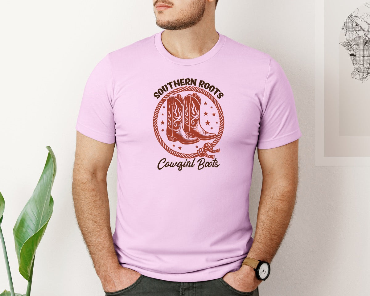 brand:Bella Canvas|color:Lilac|Southern Roots Cowgirl Boots Cowgir Graphic T-Shirt
