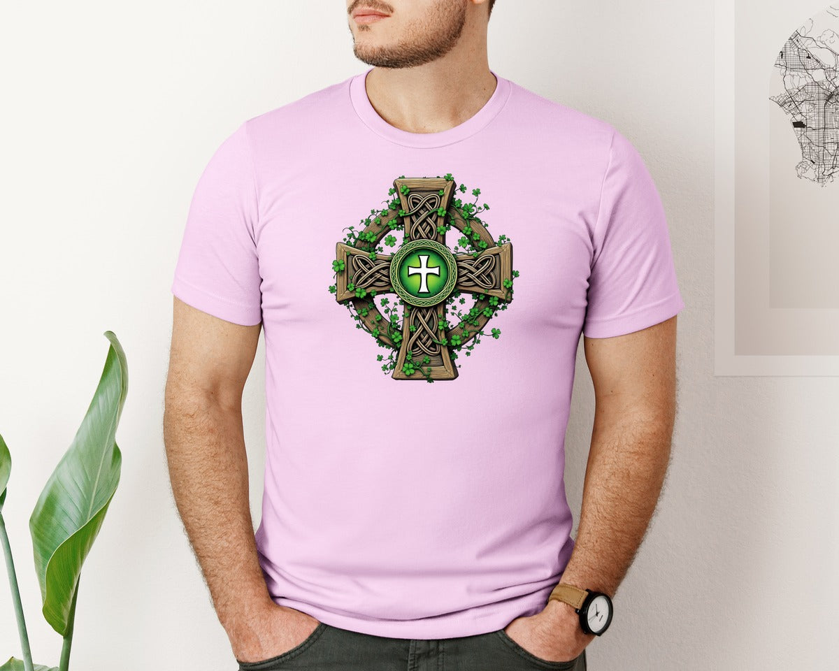 brand:Bella Canvas|color:Lilac|Celtic Cross With Shamrocks Irish Graphic T-Shirt