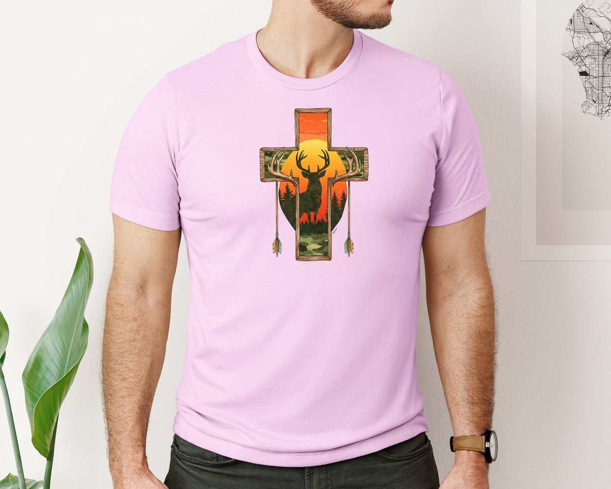 brand:Bella Canvas|color:Lilac|Deer Cross Rustic Hunting Cross Sub Graphic T-Shirt
