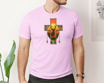 brand:Bella Canvas|color:Lilac|Deer Cross Rustic Hunting Cross Sub Graphic T-Shirt