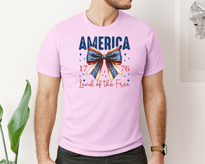 brand:Bella Canvas|color:Lilac|America Bow Land Of The Free Graphic T-Shirt