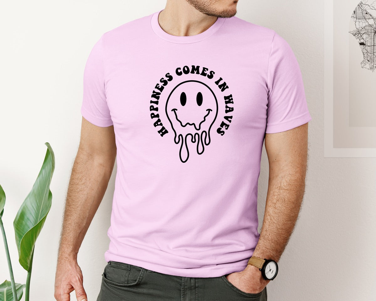 brand:Bella Canvas|color:Lilac|Happiness Comes In Waves Wavy Graphic T-Shirt