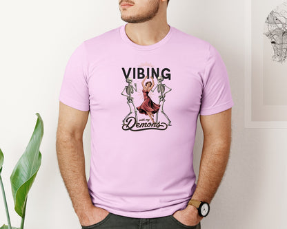 brand:Bella Canvas|color:Lilac|Vibing With My Demons Retro Gothic 2 Graphic T-Shirt