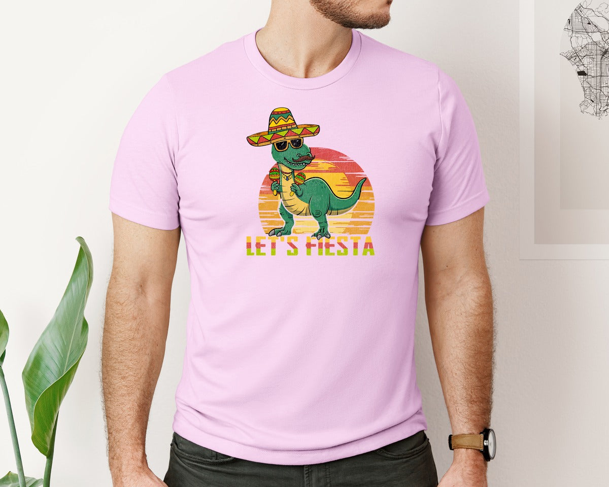 brand:Bella Canvas|color:Lilac|Lets Fiesta Dinosaur Cinco De Mayo Graphic T-Shirt