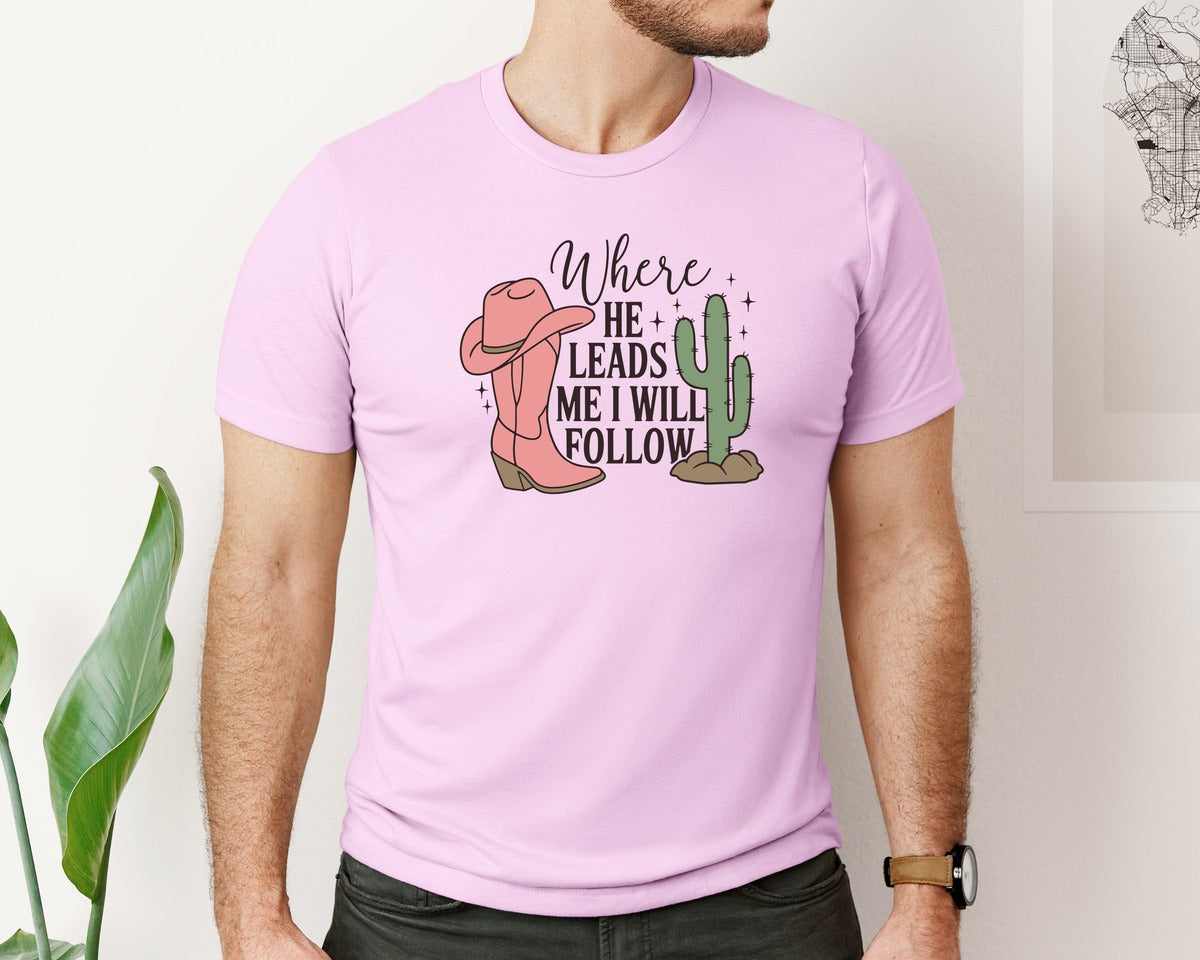 brand:Bella Canvas|color:Lilac|Where He Leads Me I Will Follow Graphic T-Shirt