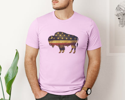 brand:Bella Canvas|color:Lilac|American Bison Patriotic Usa Flag 4 Graphic T-Shirt