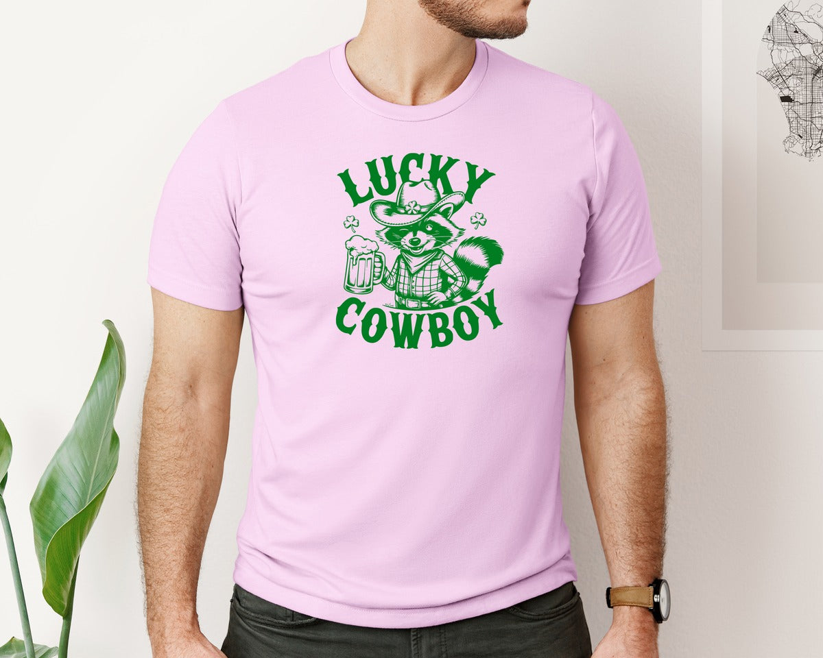 brand:Bella Canvas|color:Lilac|Lucky Cowboy Funny St Patricks Day Graphic T-Shirt
