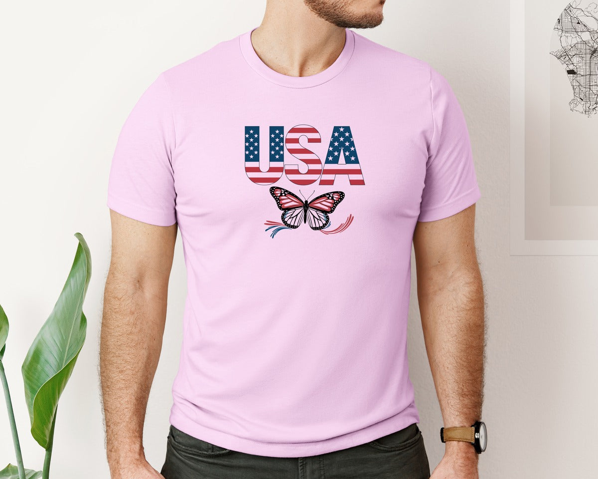 brand:Bella Canvas|color:Lilac|Usa Butterfly Patriotic Graphic T-Shirt