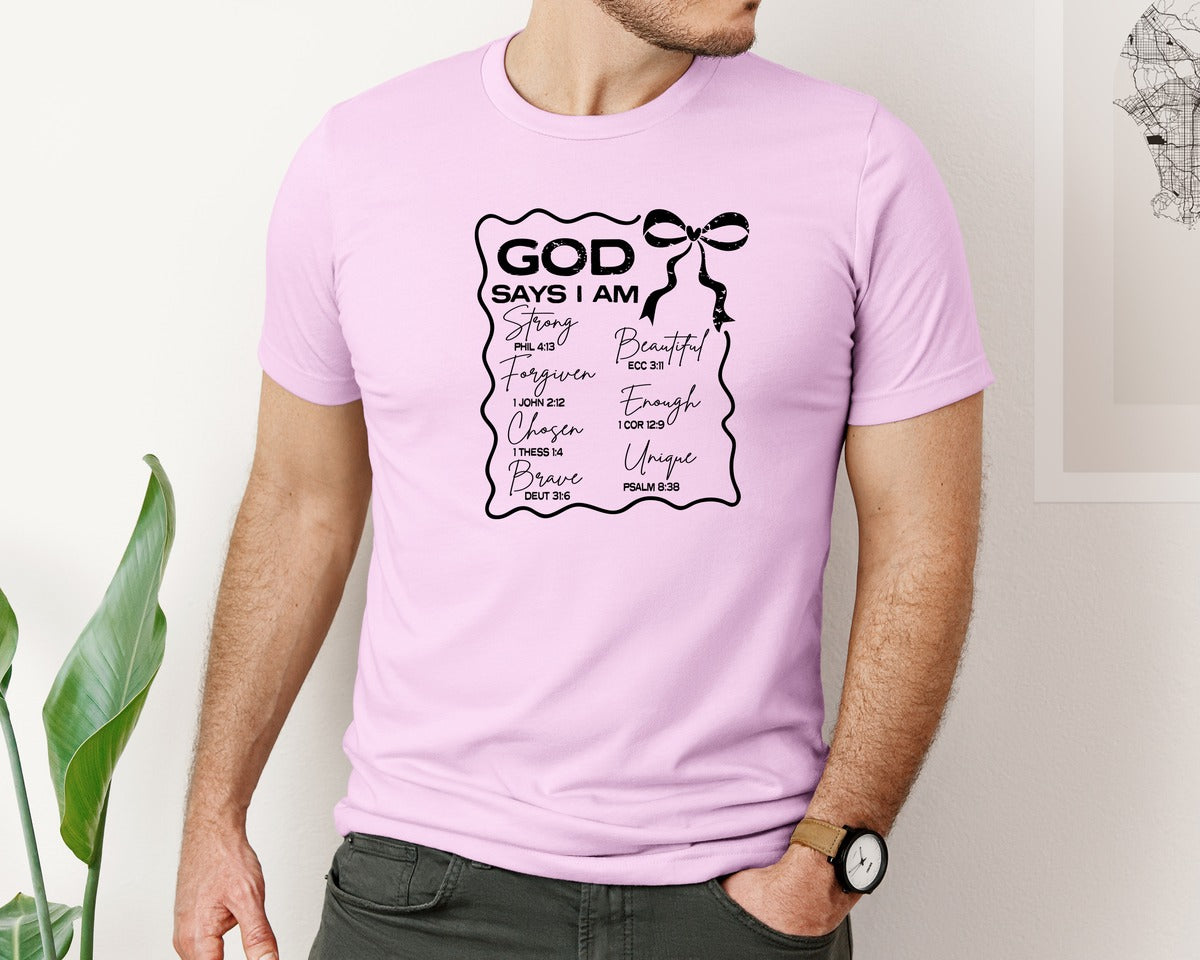 brand:Bella Canvas|color:Lilac|God Says I Am Coquette Christian Graphic T-Shirt