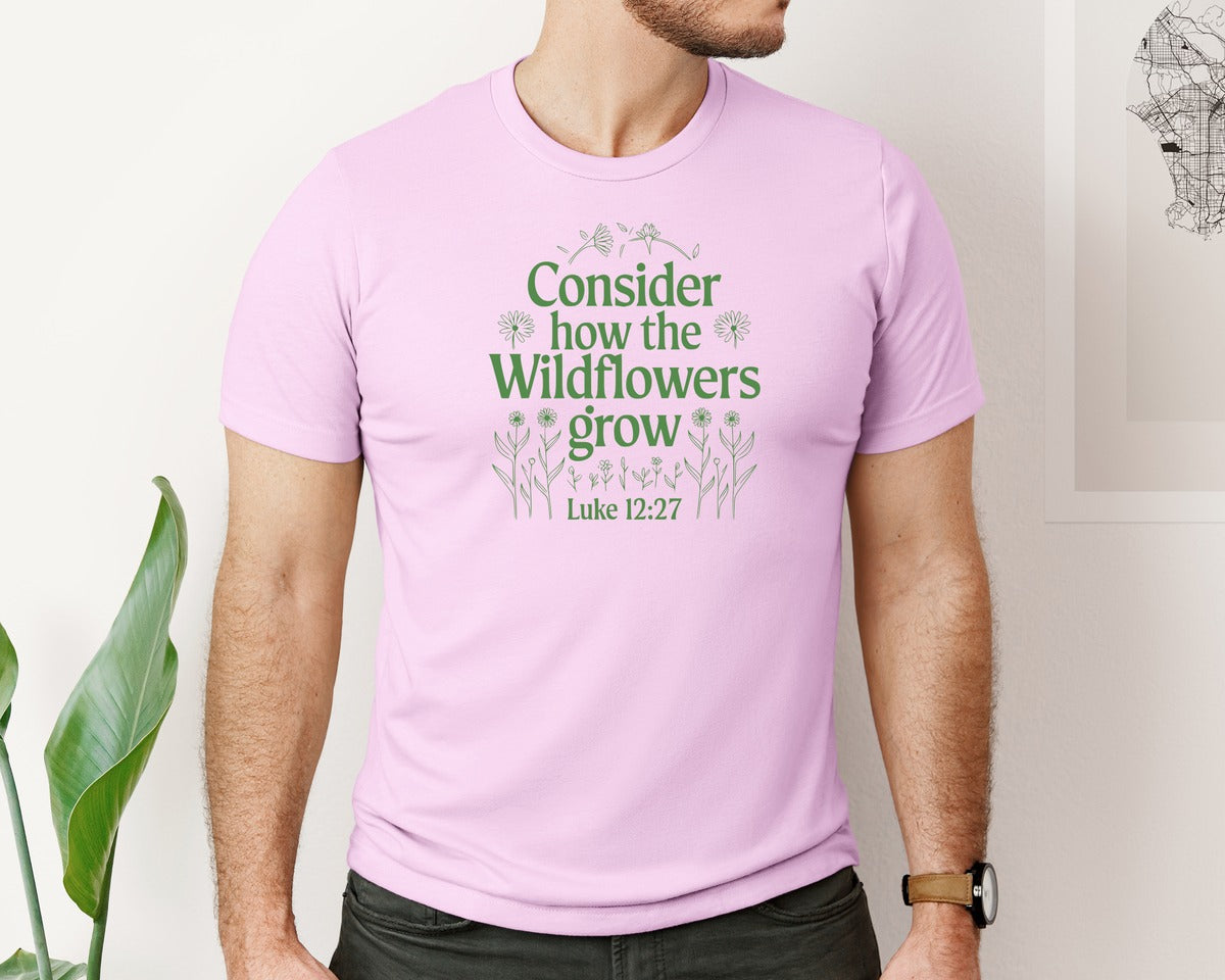 brand:Bella Canvas|color:Lilac|Consider How The Wildflowers Grow Luke 1 4 Graphic T-Shirt